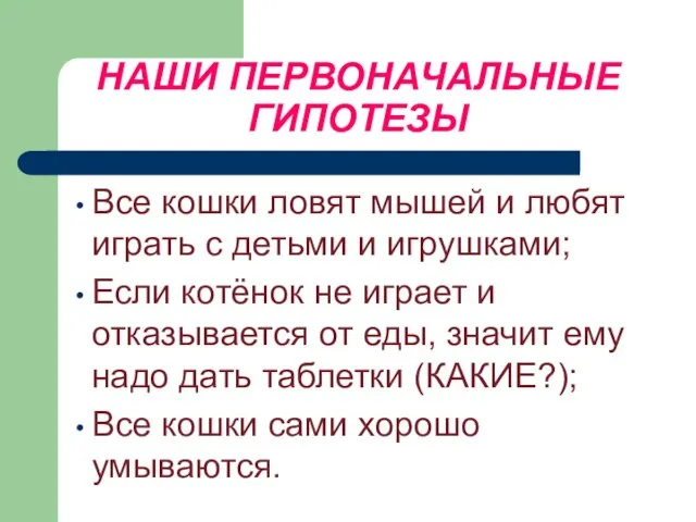 НАШИ ПЕРВОНАЧАЛЬНЫЕ ГИПОТЕЗЫ Все кошки ловят мышей и любят играть с детьми