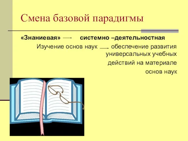 Смена базовой парадигмы «Знаниевая» системно –деятельностная Изучение основ наук обеспечение развития универсальных