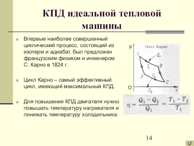 КПД идеальной тепловой машины Впервые наиболее совершенный циклический процесс, состоящий из изотерм