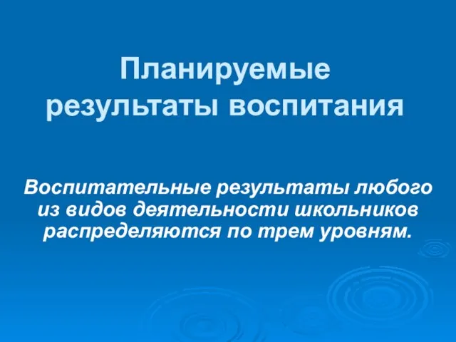 Планируемые результаты воспитания Воспитательные результаты любого из видов деятельности школьников распределяются по трем уровням.