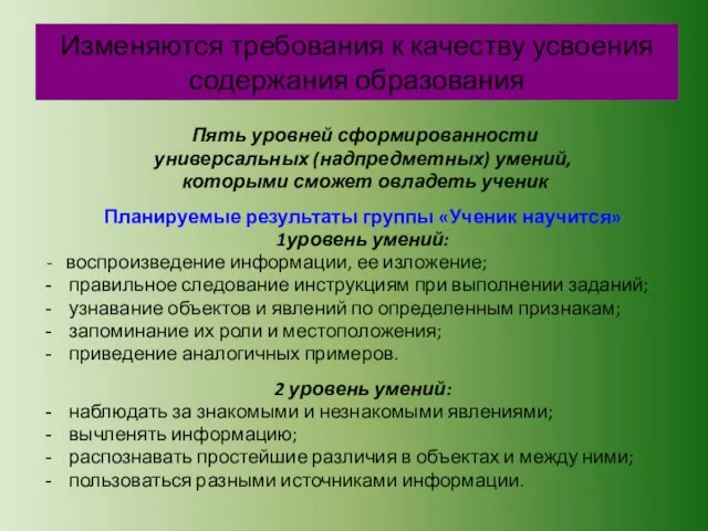 Изменяются требования к качеству усвоения содержания образования Пять уровней сформированности универсальных (надпредметных)