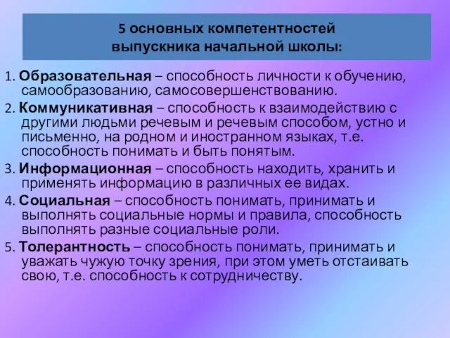 5 основных компетентностей выпускника начальной школы: 1. Образовательная – способность личности к