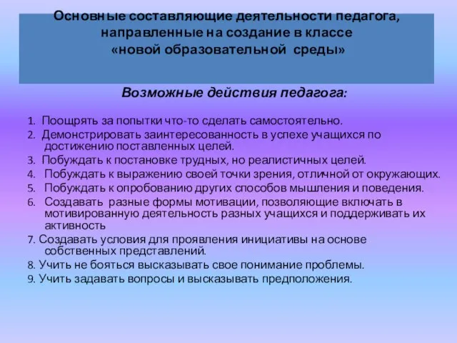 Основные составляющие деятельности педагога, направленные на создание в классе «новой образовательной среды»