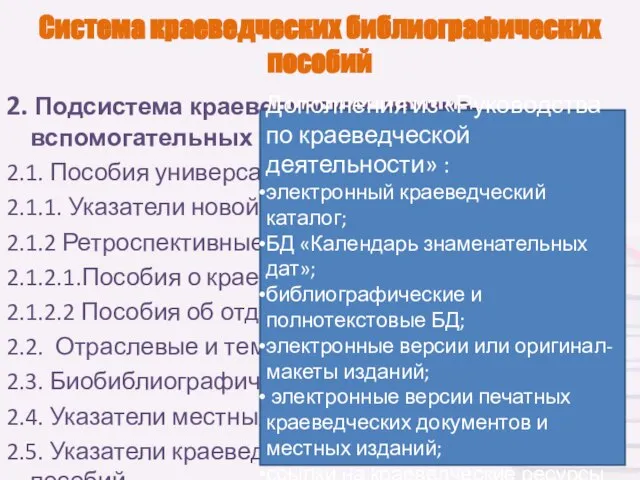 Система краеведческих библиографических пособий 2. Подсистема краеведческих научно-вспомогательных пособий 2.1. Пособия универсального