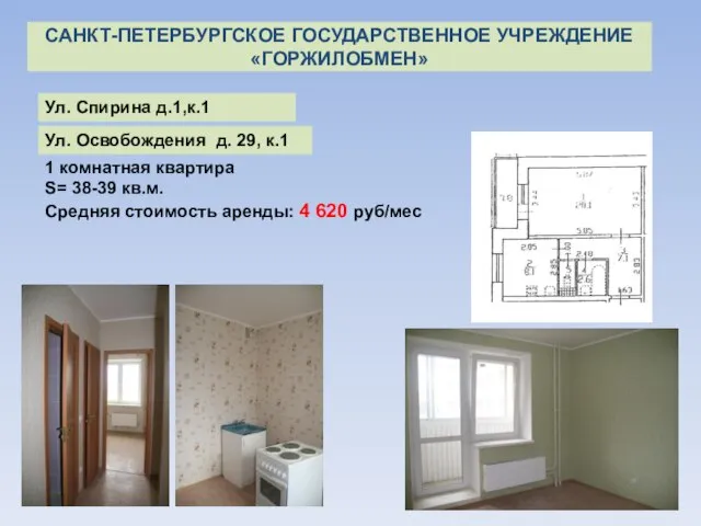 1 комнатная квартира S= 38-39 кв.м. Средняя стоимость аренды: 4 620 руб/мес