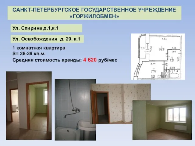 1 комнатная квартира S= 38-39 кв.м. Средняя стоимость аренды: 4 620 руб/мес