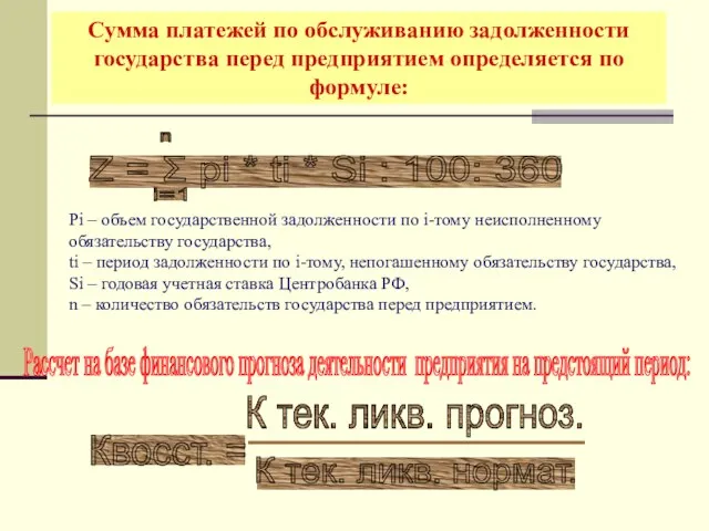 Сумма платежей по обслуживанию задолженности государства перед предприятием определяется по формуле: Pi