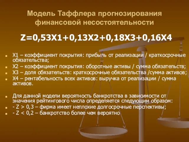 Модель Таффлера прогнозирования финансовой несостоятельности Z=0,53Х1+0,13Х2+0,18Х3+0,16Х4 Х1 – коэффициент покрытия: прибыль от