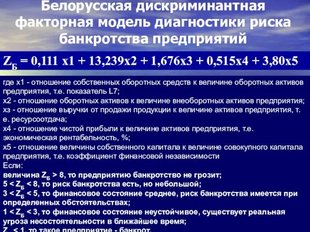 Белорусская дискриминантная факторная модель диагностики риска банкротства предприятий ZБ = 0,111 х1