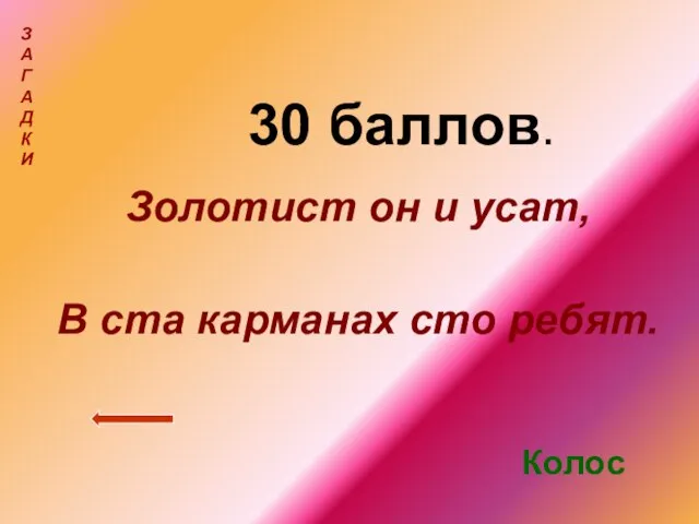 30 баллов. Золотист он и усат, В ста карманах сто ребят. З