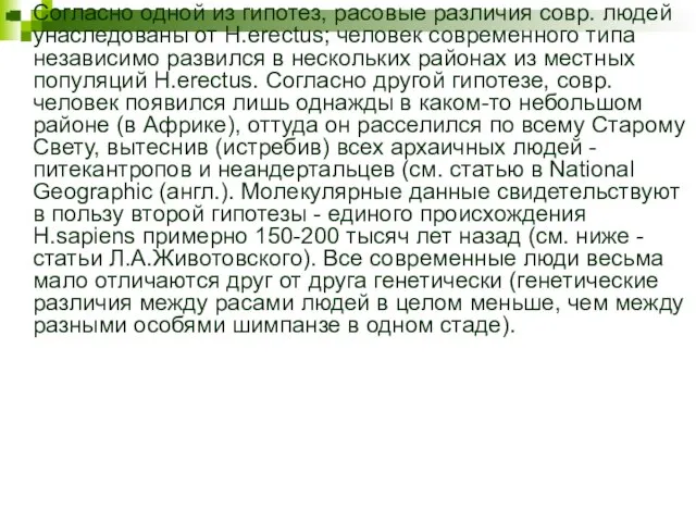 Согласно одной из гипотез, расовые различия совр. людей унаследованы от H.erectus; человек