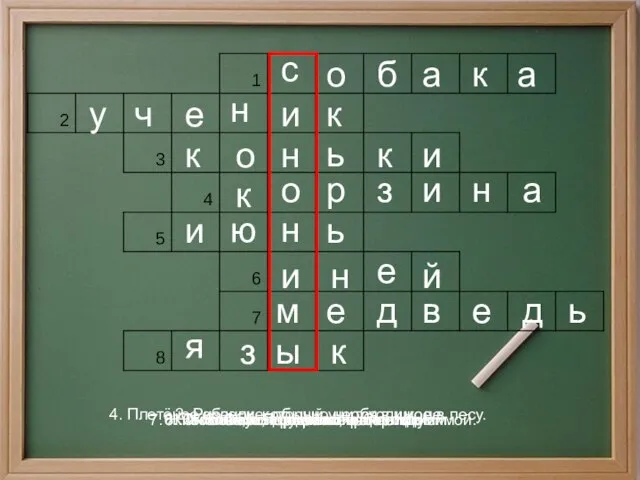 l. Животное, которое охраняет дом. 2. Ребенок, который учится в школе. 3.