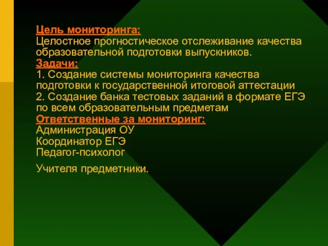 Цель мониторинга: Целостное прогностическое отслеживание качества образовательной подготовки выпускников. Задачи: 1. Создание