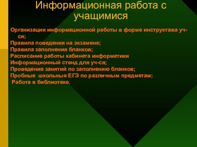 Информационная работа с учащимися Организация информационной работы в форме инструктажа уч-ся; Правила