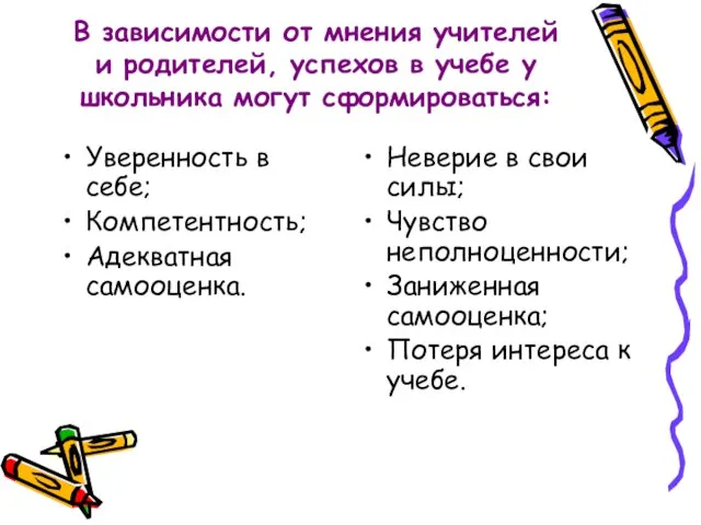 В зависимости от мнения учителей и родителей, успехов в учебе у школьника