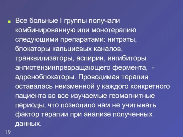 Все больные I группы получали комбинированную или монотерапию следующими препаратами: нитраты, блокаторы