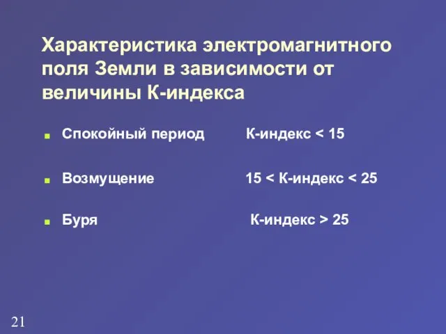 Характеристика электромагнитного поля Земли в зависимости от величины К-индекса Спокойный период К-индекс