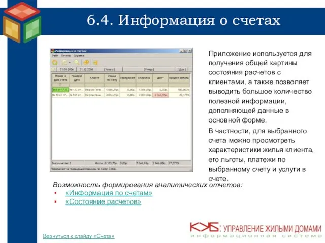 6.4. Информация о счетах Приложение используется для получения общей картины состояния расчетов