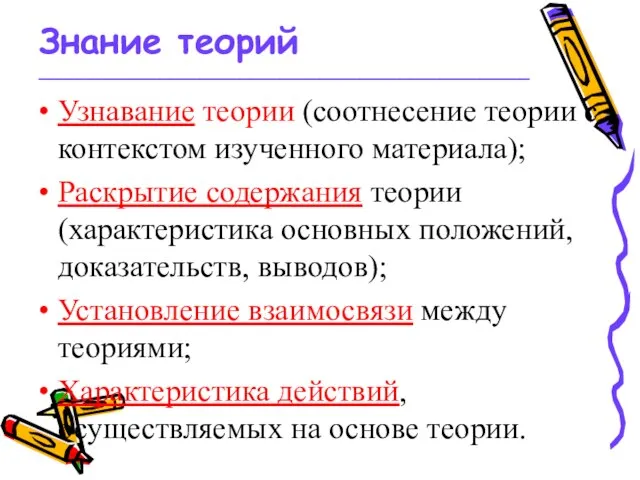 Знание теорий _________________________________________________ Узнавание теории (соотнесение теории с контекстом изученного материала); Раскрытие