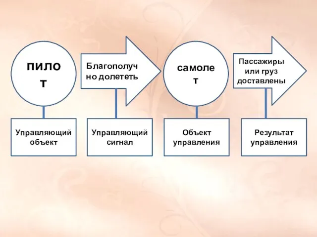 пилот самолет Благополучно долететь Пассажиры или груз доставлены Управляющий объект Управляющий сигнал Объект управления Результат управления