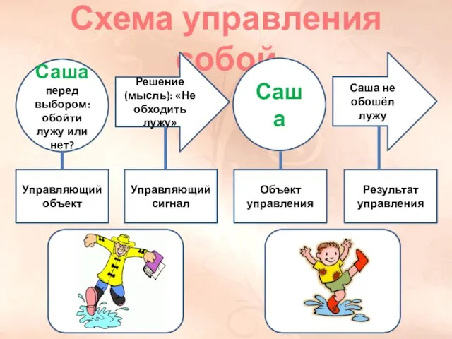 Схема управления собой Саша перед выбором: обойти лужу или нет? Саша Решение