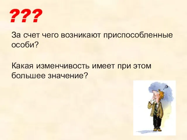 За счет чего возникают приспособленные особи? ??? Какая изменчивость имеет при этом большее значение?