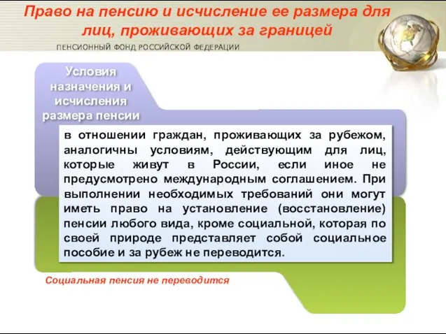 Условия назначения и исчисления размера пенсии Социальная пенсия не переводится в отношении