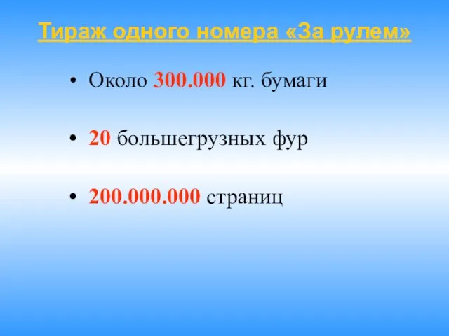 Тираж одного номера «За рулем» Около 300.000 кг. бумаги 20 большегрузных фур 200.000.000 страниц