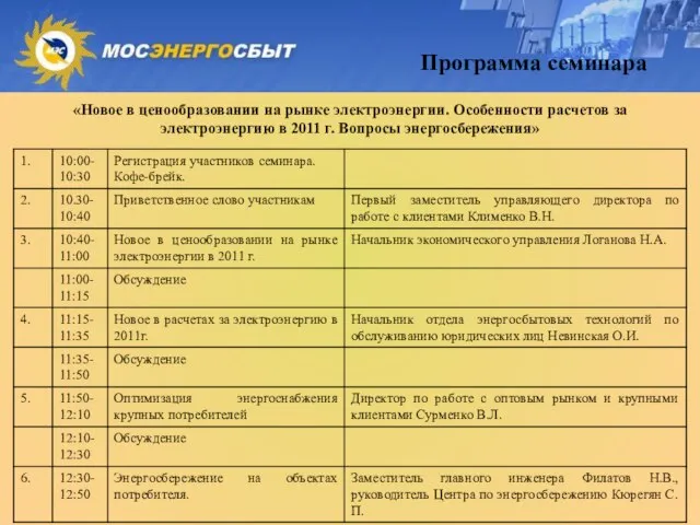 Программа семинара «Новое в ценообразовании на рынке электроэнергии. Особенности расчетов за электроэнергию