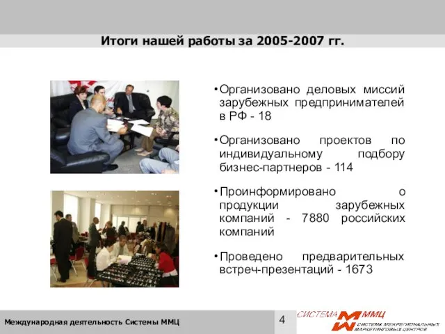 Итоги нашей работы за 2005-2007 гг. Организовано деловых миссий зарубежных предпринимателей в