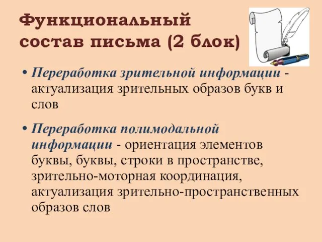 Функциональный состав письма (2 блок) Переработка зрительной информации - актуализация зрительных образов