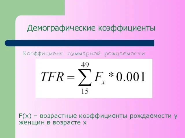 Демографические коэффициенты Коэффициент суммарной рождаемости F(x) – возрастные коэффициенты рождаемости у женщин в возрасте x