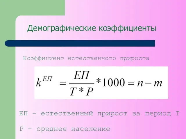 Демографические коэффициенты Коэффициент естественного прироста ЕП – естественный прирост за период T P – среднее население