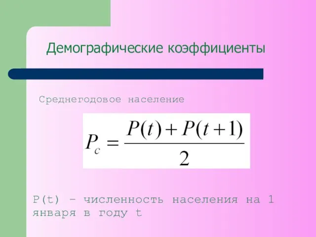 Демографические коэффициенты Среднегодовое население P(t) – численность населения на 1 января в году t