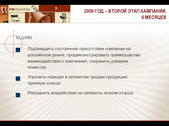 2009 ГОД – ВТОРОЙ ЭТАП КАМПАНИИ, 6 МЕСЯЦЕВ ЗАДАЧИ Подтвердить постоянное присутствие