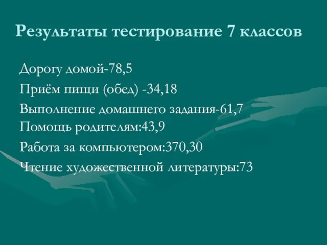 Результаты тестирование 7 классов Дорогу домой-78,5 Приём пищи (обед) -34,18 Выполнение домашнего