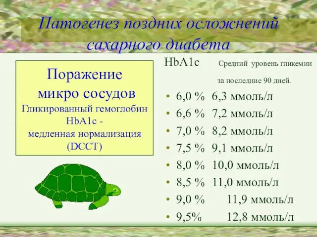 Патогенез поздних осложнений сахарного диабета HbA1c Средний уровень гликемии за последние 90