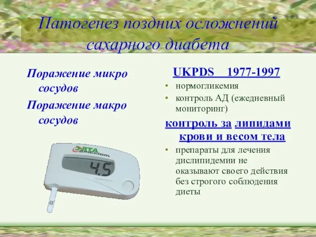 Патогенез поздних осложнений сахарного диабета Поражение микро сосудов Поражение макро сосудов UKPDS