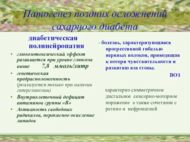 Патогенез поздних осложнений сахарного диабета диабетическая полинейропатия глюкозотоксический эффект развивается при уровне