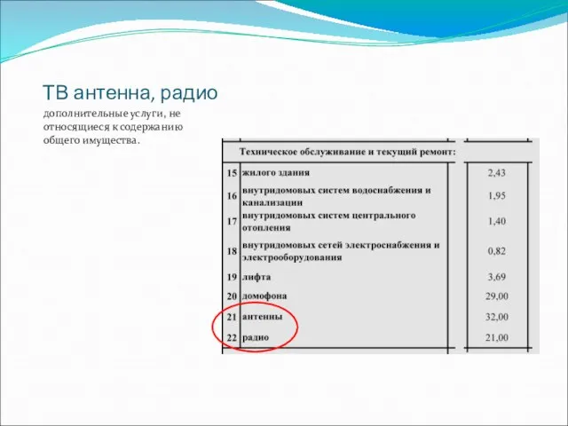 ТВ антенна, радио дополнительные услуги, не относящиеся к содержанию общего имущества.