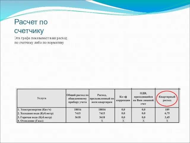 Расчет по счетчику Эта графа показывает ваш расход по счетчику либо по нормативу