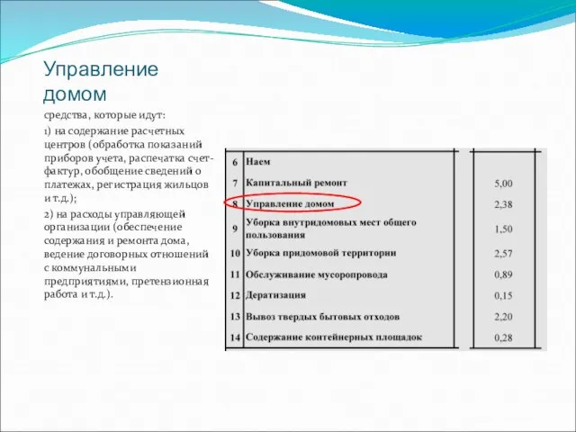 Управление домом средства, которые идут: 1) на содержание расчетных центров (обработка показаний