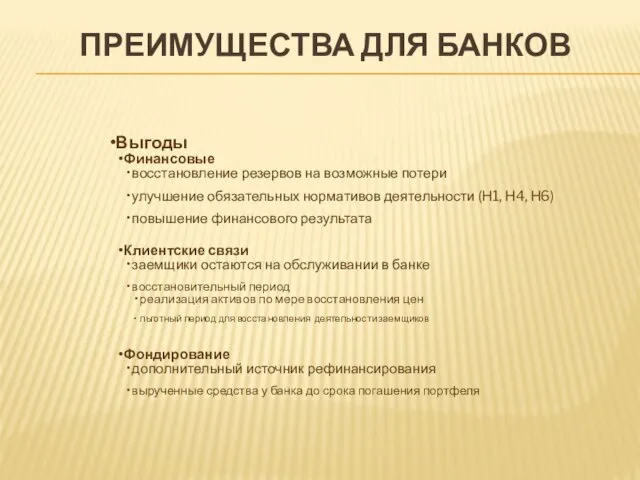 ПРЕИМУЩЕСТВА ДЛЯ БАНКОВ Выгоды Финансовые восстановление резервов на возможные потери улучшение обязательных