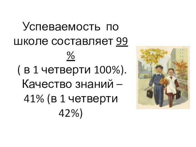 Успеваемость по школе составляет 99 % ( в 1 четверти 100%). Качество