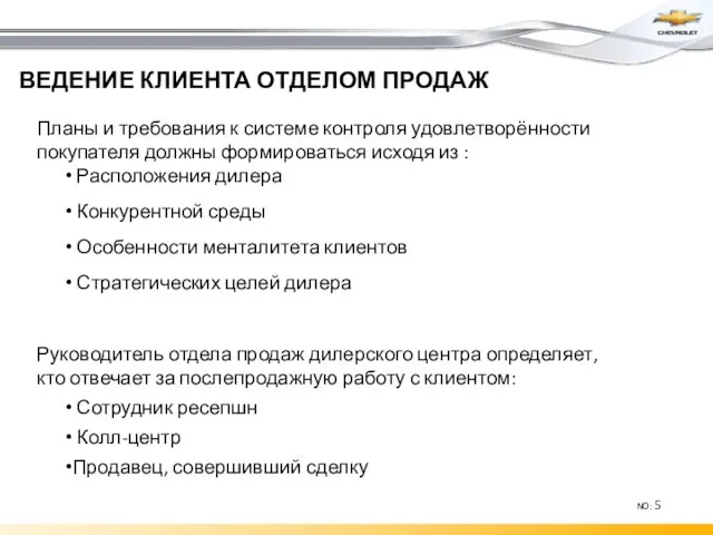 ВЕДЕНИЕ КЛИЕНТА ОТДЕЛОМ ПРОДАЖ Планы и требования к системе контроля удовлетворённости покупателя