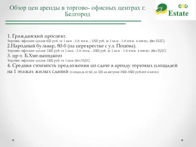 Обзор цен аренды в торгово- офисных центрах г. Белгород 1. Гражданский проспект.