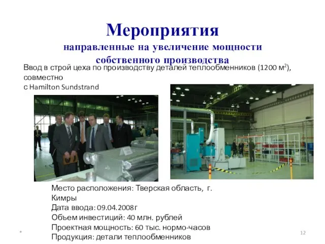 Мероприятия направленные на увеличение мощности собственного производства Ввод в строй цеха по