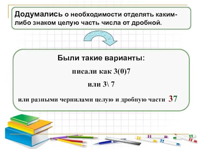 Додумались о необходимости отделять каким-либо знаком целую часть числа от дробной. Были