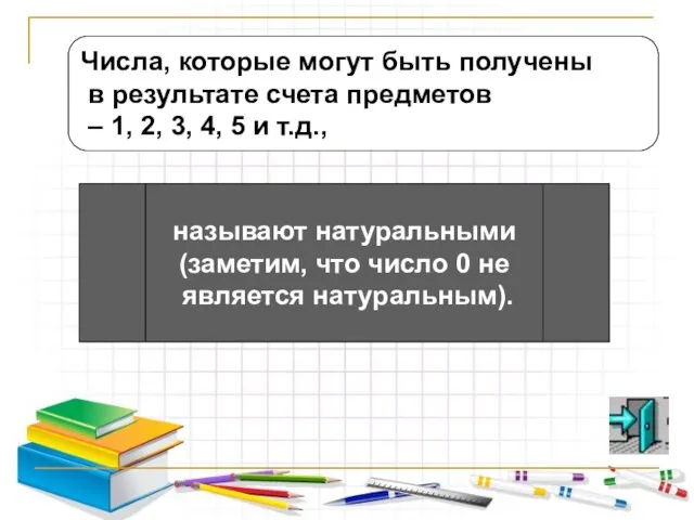 Числа, которые могут быть получены в результате счета предметов – 1, 2,