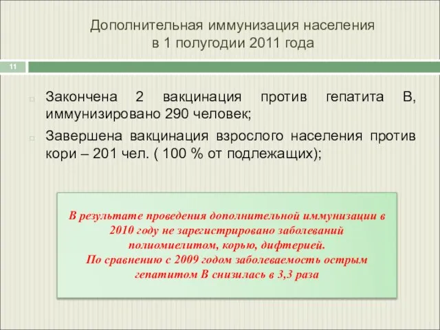 Закончена 2 вакцинация против гепатита В, иммунизировано 290 человек; Завершена вакцинация взрослого